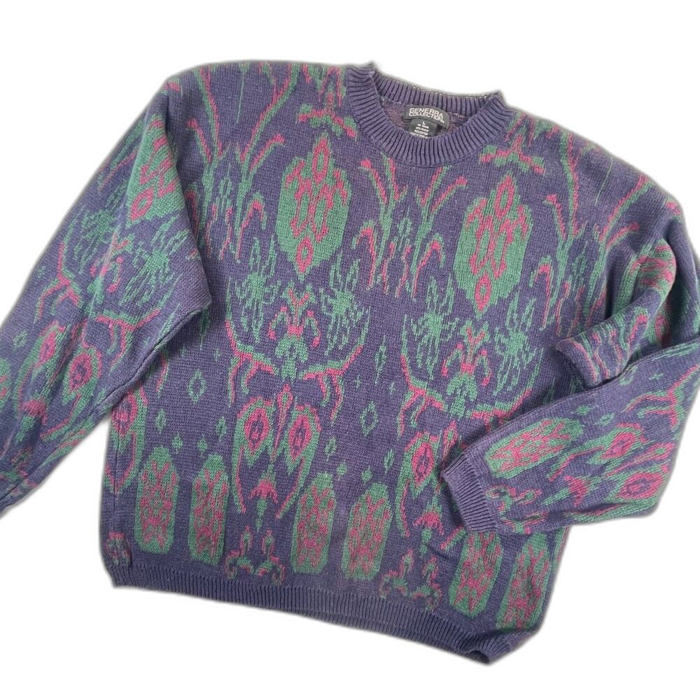 Vintage Generra 90s Geometric Knit Sweater L Heavy Ramie Cotton Grandpa Grunge
